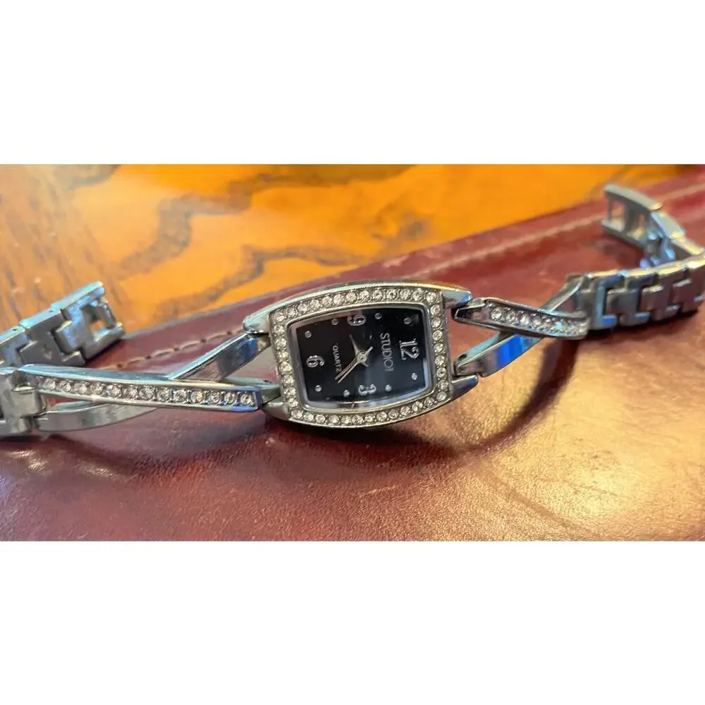 Women's Studio Time Watch, Silver Tone with Crystal Accents and Black Face